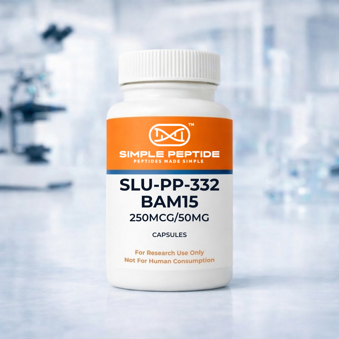 SLUBAM capsules BAM15 and SLU-PP-332 research bottle by Simple Peptide